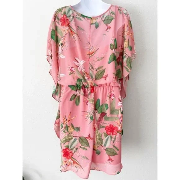 Express pink floral sheer chiffon cinched waist dress M - Picture 9 of 15